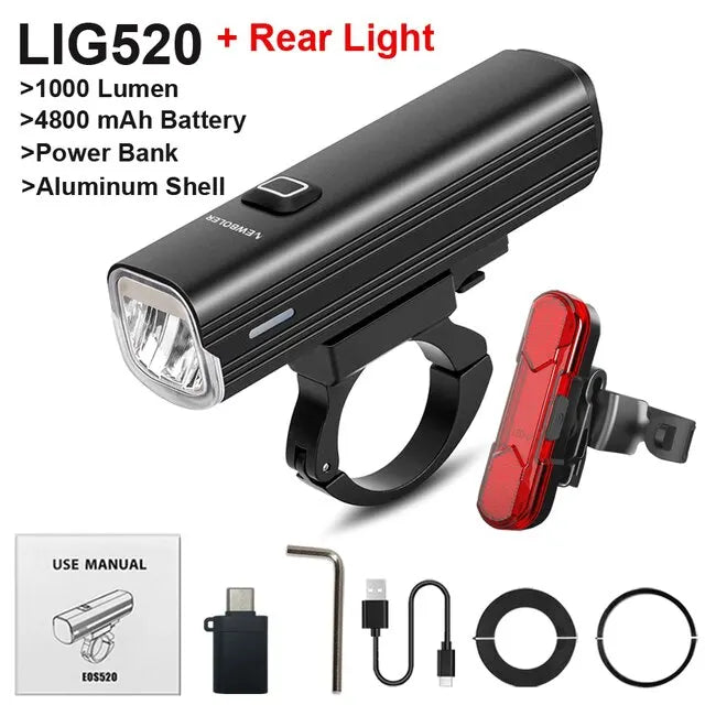 Farol de Bicicleta 1000 Lumens com Power Bank – Iluminação Potente e Multifuncional