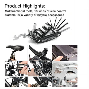 Kit de Ferramentas 16 em 1 – Solução Completa para Reparos em Bicicletas e Motos