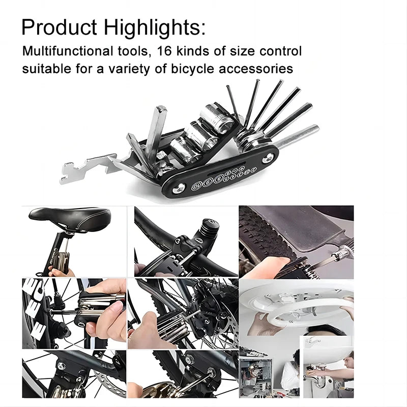 Kit de Ferramentas 16 em 1 – Solução Completa para Reparos em Bicicletas e Motos