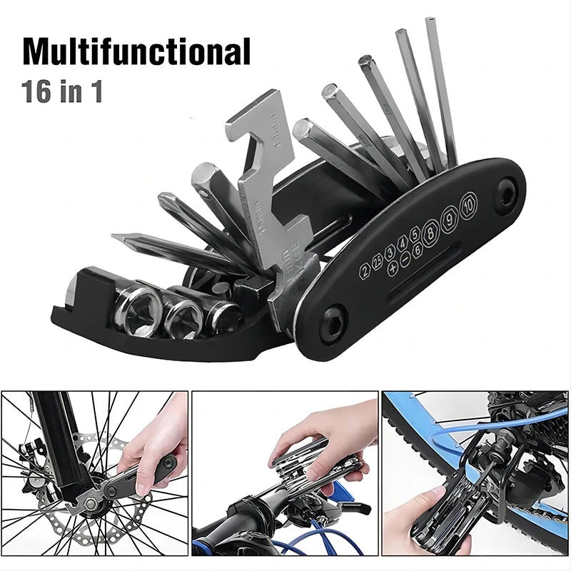 Kit de Ferramentas 16 em 1 – Solução Completa para Reparos em Bicicletas e Motos