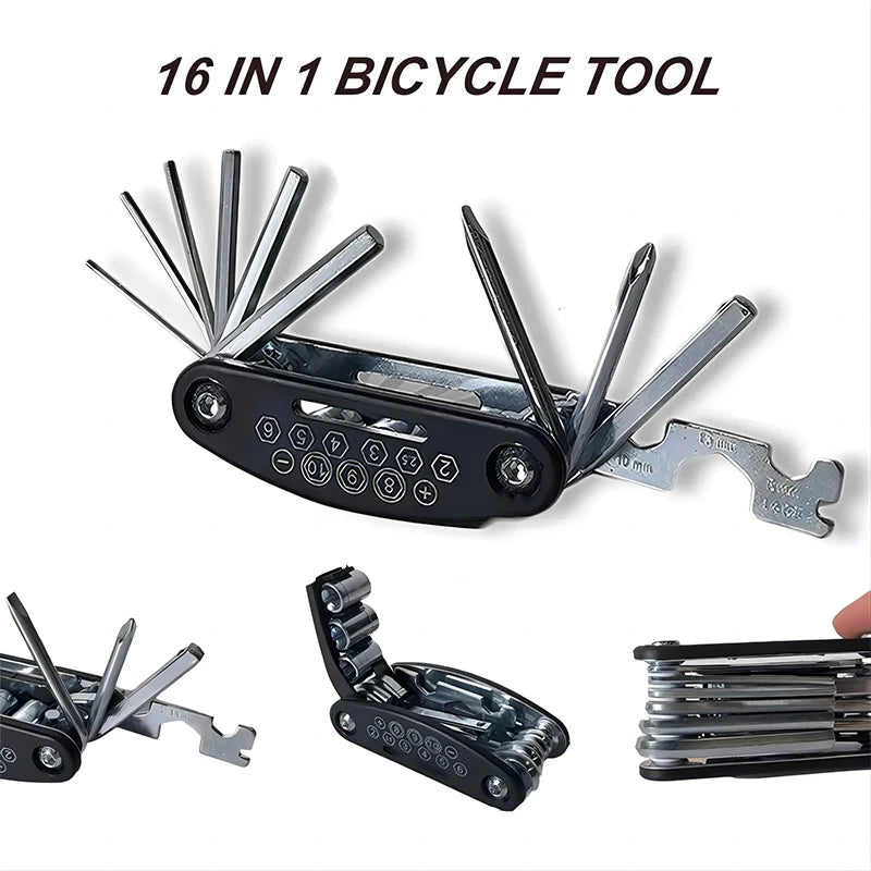 Kit de Ferramentas 16 em 1 – Solução Completa para Reparos em Bicicletas e Motos