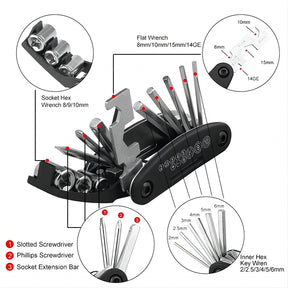 Kit de Ferramentas 16 em 1 – Solução Completa para Reparos em Bicicletas e Motos